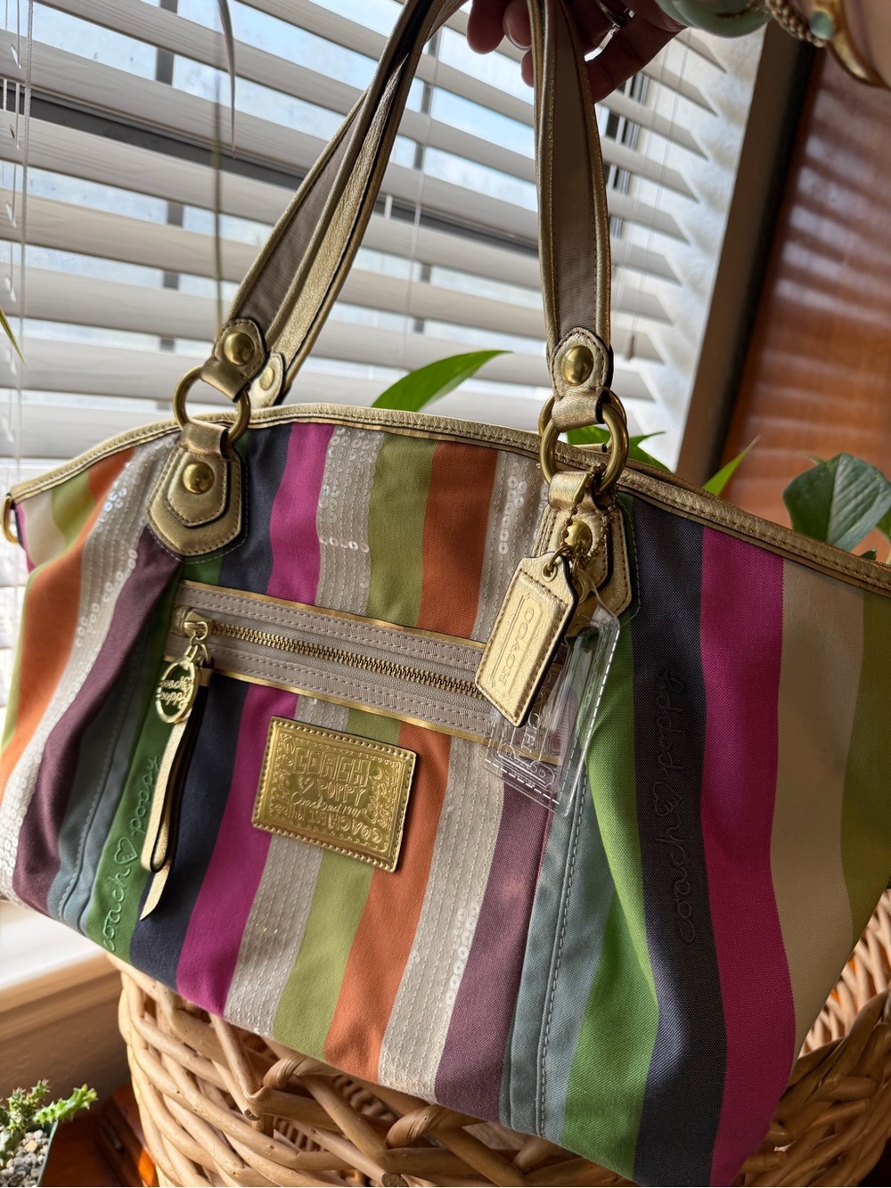 Coach Poppy Multicolor Stripe Sequin Tote Shoulder Bag Gold 16325